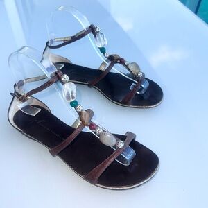 Giuseppe Zanotti Vicini Gemstones Leather T-Strap Flats